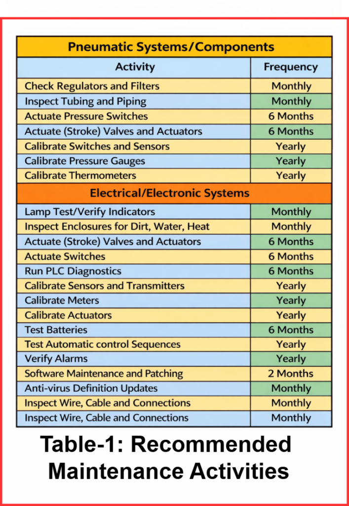 Table-1: Recommended  instrumentation Maintenance Activities