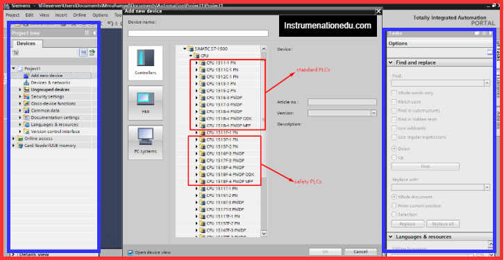 different models of siemens PLC S7-1500.