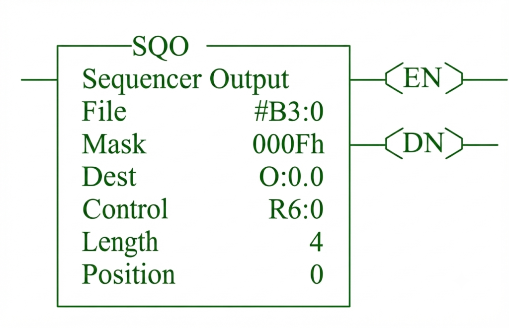 Figure: PLC Sequencer Output (SQO) instruction showing the File, Mask, Destination, Control, Length, and Position parameters.