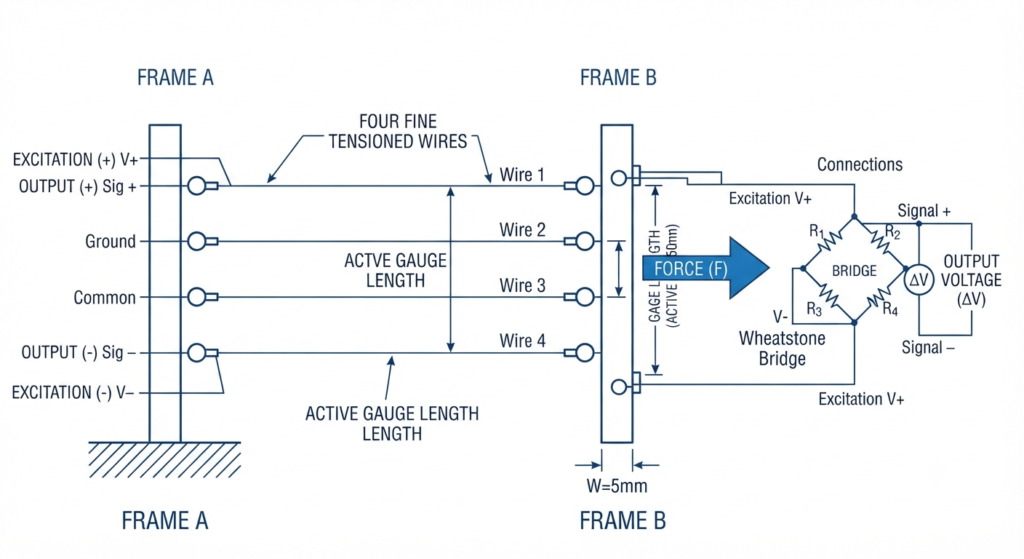 Four-wire arrangement in an unbonded strain gauge