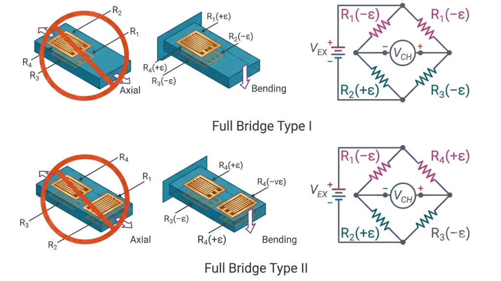 Full-bridge type I and type 2 strain gauge