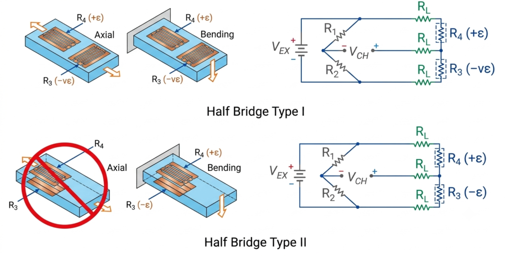 Half-bridge type I and type 2 Axial strain measurement