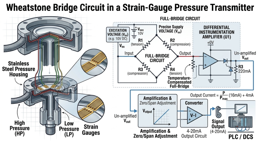 Wheatstone Bridge Circuit in a Strain-Gauge Pressure Transmitter